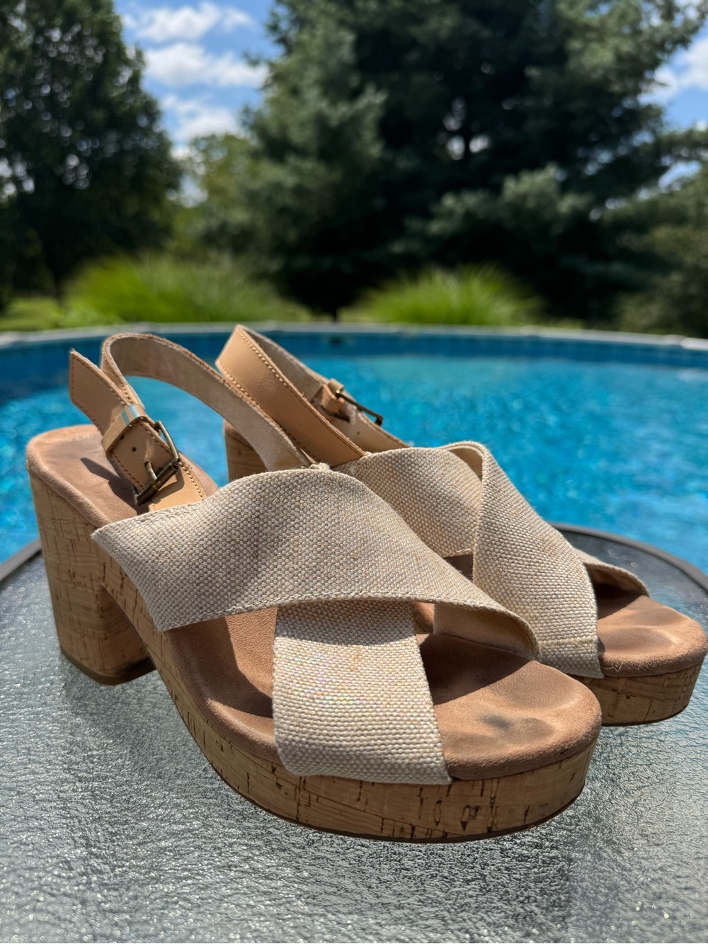 Toms Beige Crisscross Cork Platform Wedges
